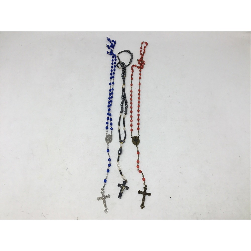 Lot Of 3 Rosary Beads In Blue, Red And Dark Grey Silver Plated Bronze Metal